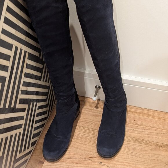 Stuart Weitzman  Navy & Black Over the Knee Suede Sock Boots - Picture 2 of 8